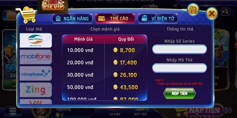 Nạp tiền Rikvip Người chơi dễ dàng giao dịch nhận tiền trong thời gian ngắn
